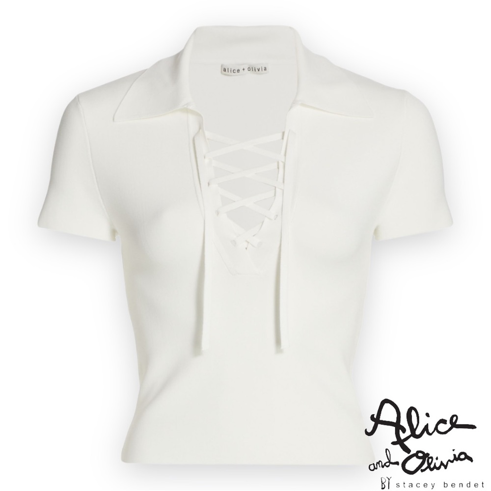 COPY - Alice + Olivia *NWT* Janine Lace Up Polo Top in Soft White